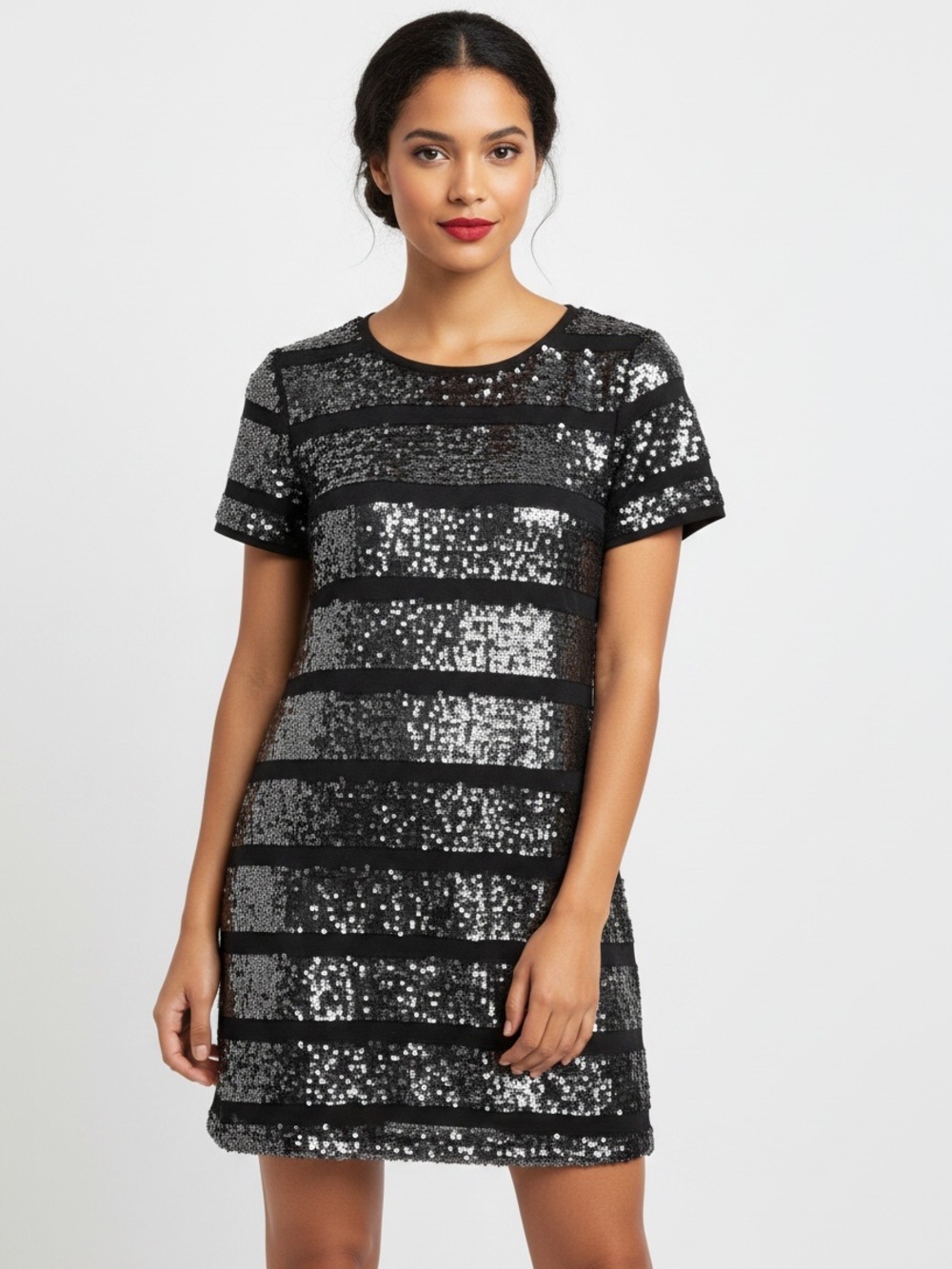 Catherine Malandrino Black Sequin Sweater Dress M Keyhole Back Sparkle Party